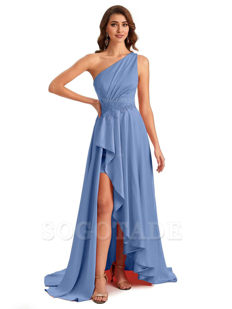 Sexy One Shoulder A-Line High Low Silky Satin Lace Long Formal Wedding Guest Dresses
