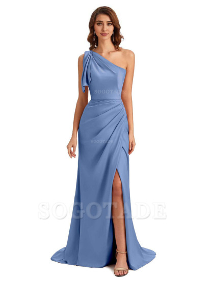 Sexy One Shoulder Mermaid Side Slit Unique Silky Satin Bridesmaid Dresses 