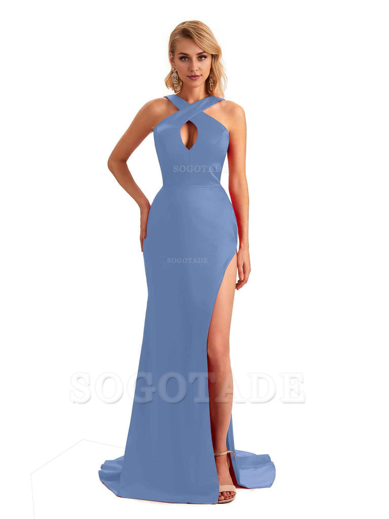 Sexy Side Slit Halter Mermaid Silky Satin Unique Long Formal Wedding Bridesmaid Dresses