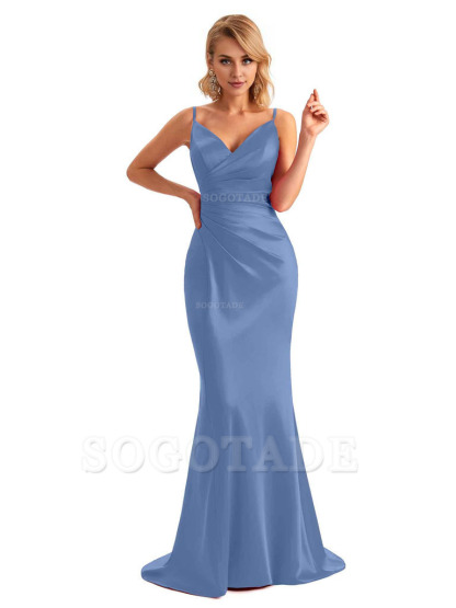  Sexy Backless Mermaid Spaghetti Straps Unique Long Formal Satin Dress For Women