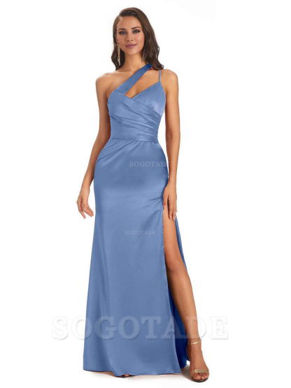 Elegant Soft Satin Side Slit One Shoulder Floor-Length Maxi Bridesmaid Dresses Evening Party Dress