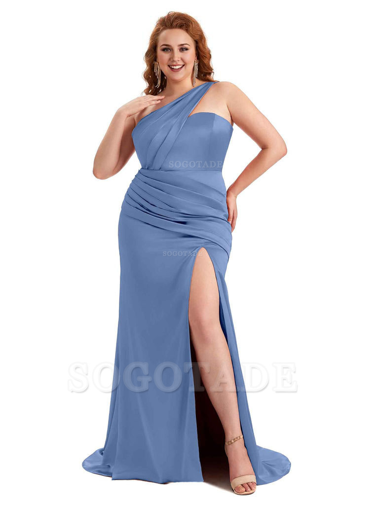 Sexy Side Slit One Shoulder Mermaid Soft Satin Long Plus Size Matron of Honor Dress For Wedding