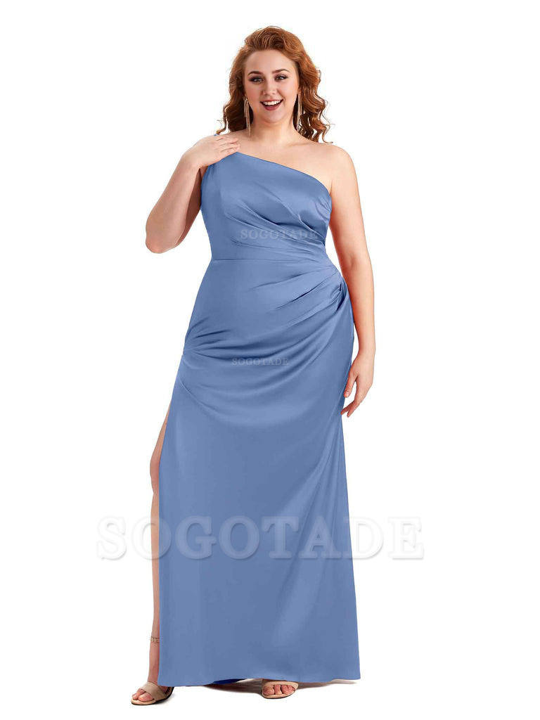 Sexy Side Slit One Shoulder Mermaid Soft Satin Long Plus Size Maid of Honour Dresses