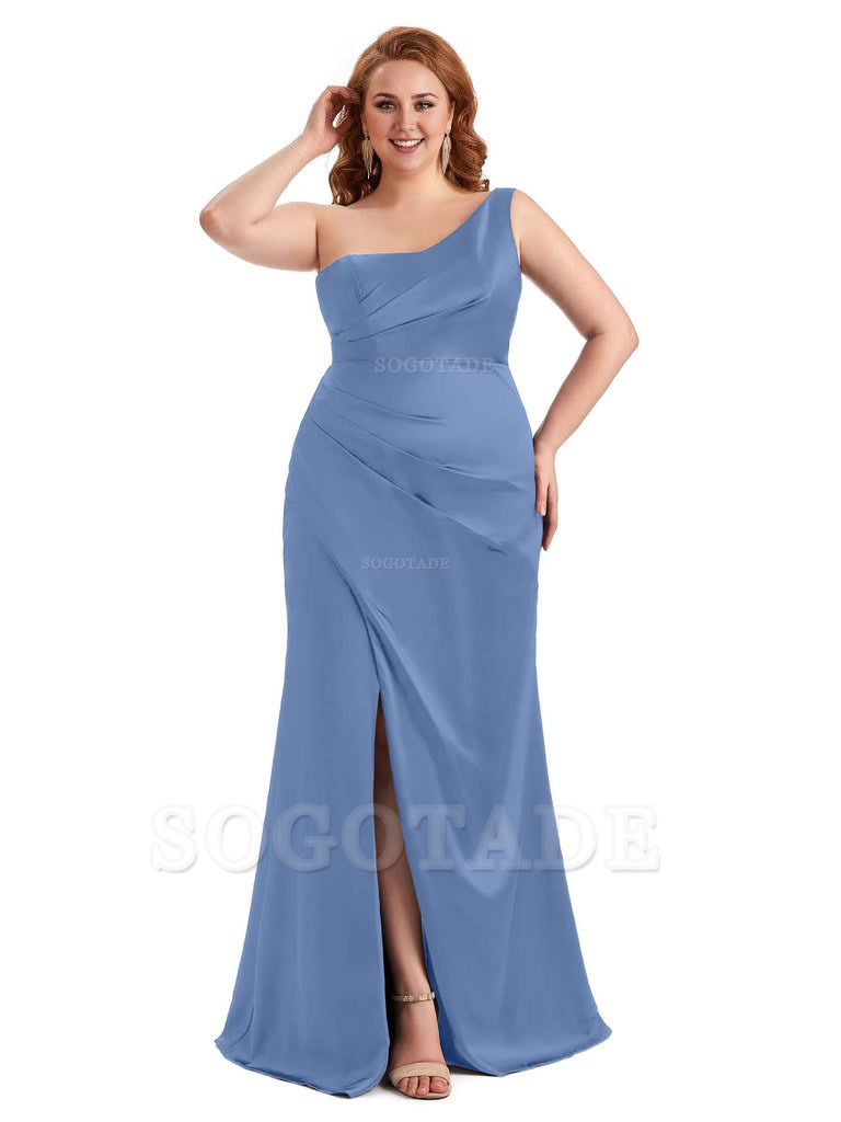 Sexy Side Slit One Shoulder Mermaid Long Plus Size Satin Maxi Dresses
