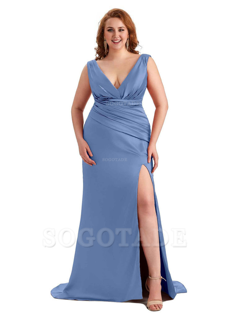 Elegant V-neck Side Slit Mermaid Soft Satin Long Plus Size Bridesmaid Dress For Wedding