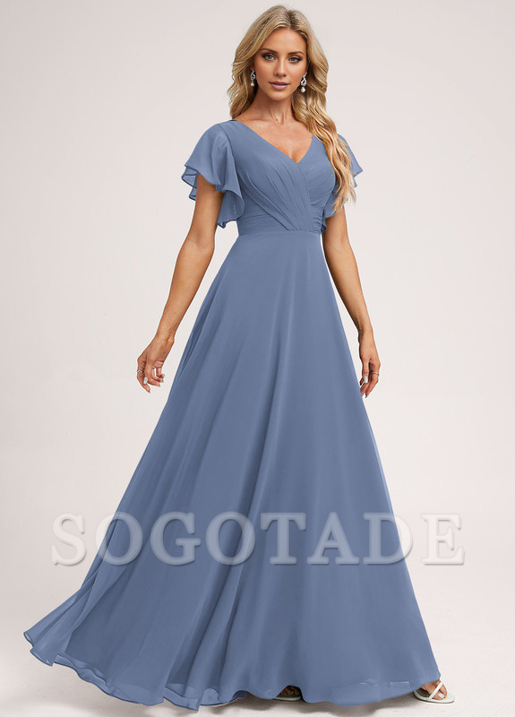 Ruffle A-line V-neck and floor chiffon bridesmaid dress