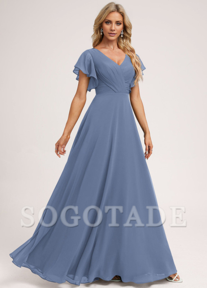 Ruffle A-line V-neck and floor chiffon bridesmaid dress
