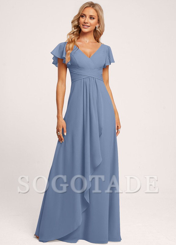 Ruffle A-line V-neck and floor chiffon bridesmaid dress