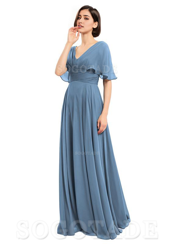  V-Neck Cap Sleeves Sleeves Chiffon Long Elegant Bridesmaid Dresses Formal Wear Dresses