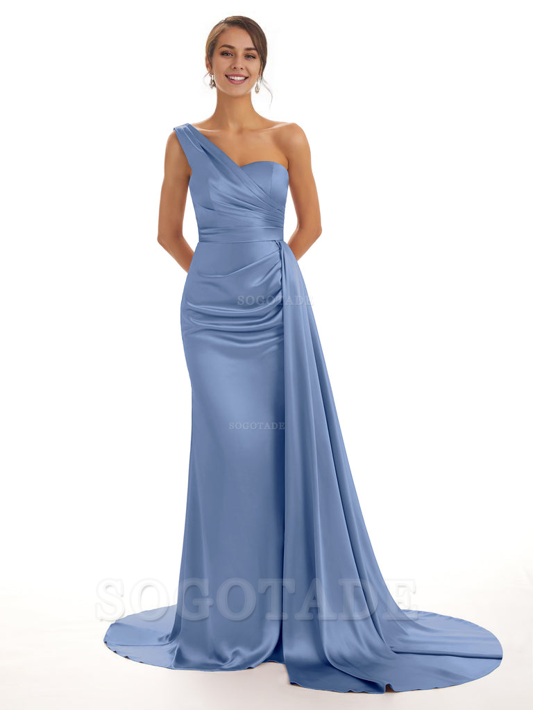 Elegant One Shoulder Soft Satin Unique Mermaid Long Bridesmaid Dresses Online prom dresses shops