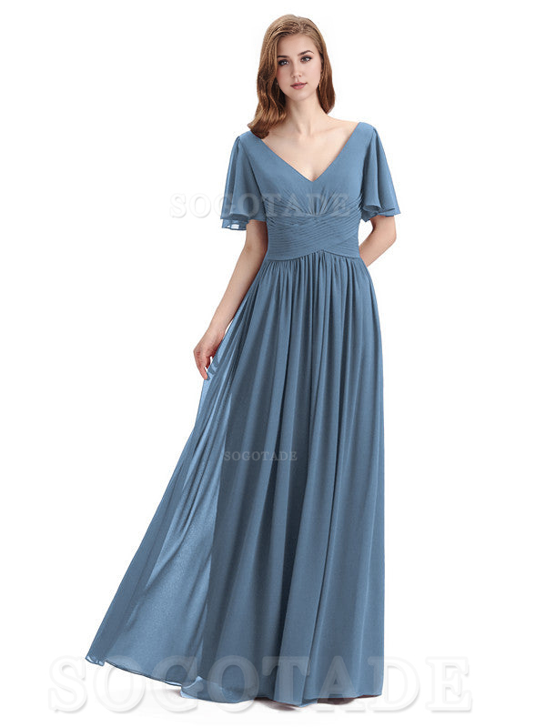 A-Line Chiffon Short Sleeves Elegant Floor-Length Bridesmaid Dresses Formal Women's Dresses Wedding Guests Dresses