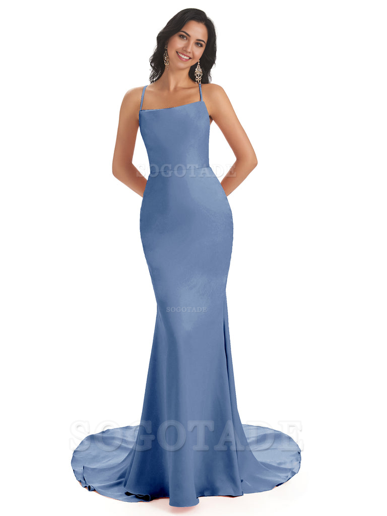 Mermaid Spaghetti Backless Straps Satin Long formal dresses evening gown Bridesmaid Dresses