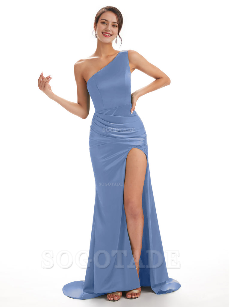 Sexy Soft Satin Side Slit One Shoulder Long Mermaid Bridesmaid Dresses Online prom shop dresses ﻿