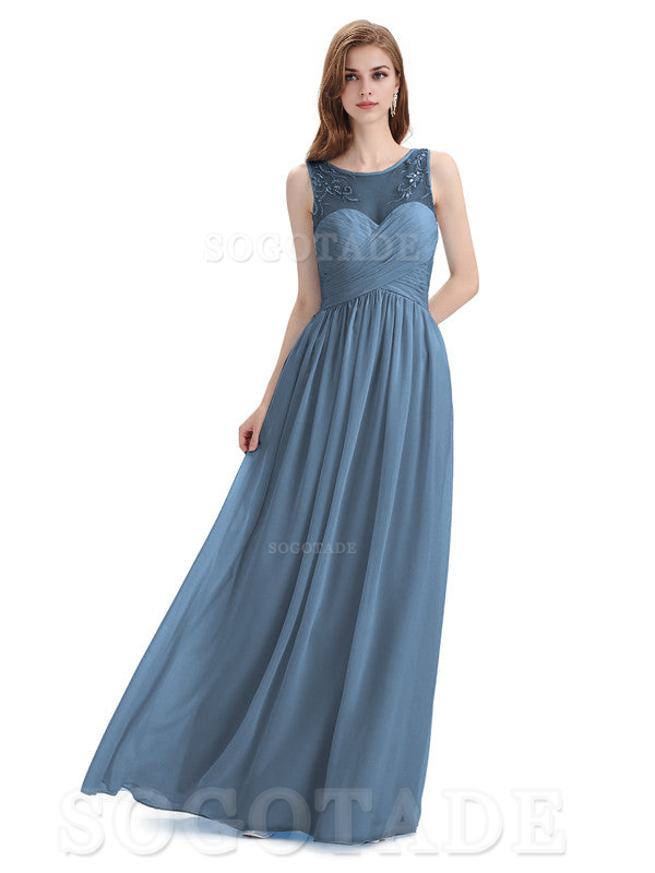 Elegant A-Line Chiffon Sleeveless Ruched Long Simple Bridesmaid Dresses Formal Women's Dresses Wedding Guests Dresses