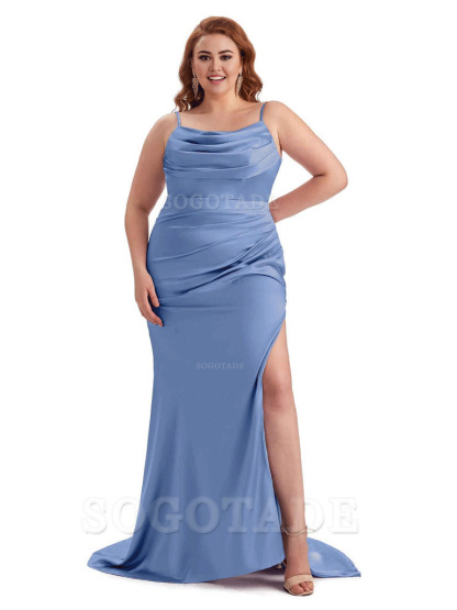 Sexy Jewel Side Slit Mermaid Soft Satin Long Plus Size Bridesmaid Dress For Wedding