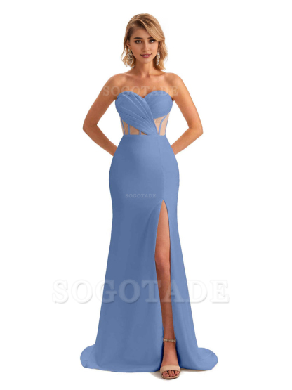 Sexy Sweetheart Strapless Side Slit Mermaid Soft Satin Unique Long Bridesmaid Dress For Wedding