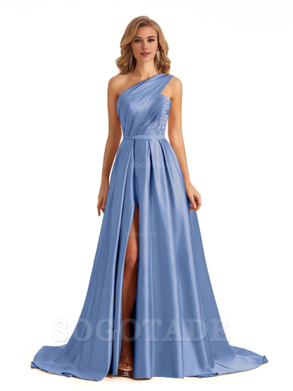 Sexy Side Slit One Shoulder A-Line Soft Satin Long Bridesmaid Dresses Online prom dress in store