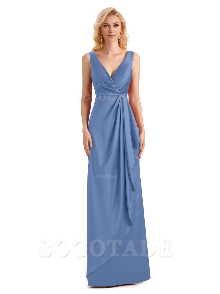 V Neck Elegant Soft Satin Formal Long Maid Bridesmaid Dresses Formal Wear Dresses