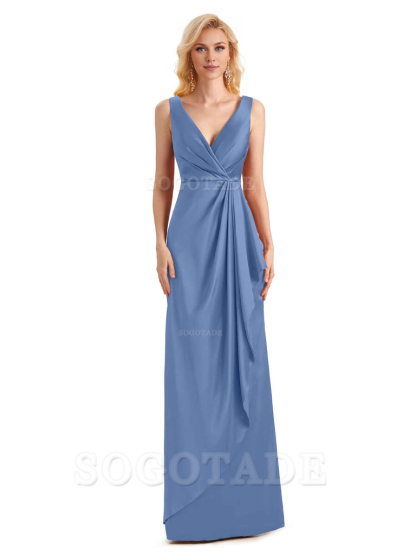 V Neck Elegant Soft Satin Formal Long Maid Bridesmaid Dresses Formal Wear Dresses