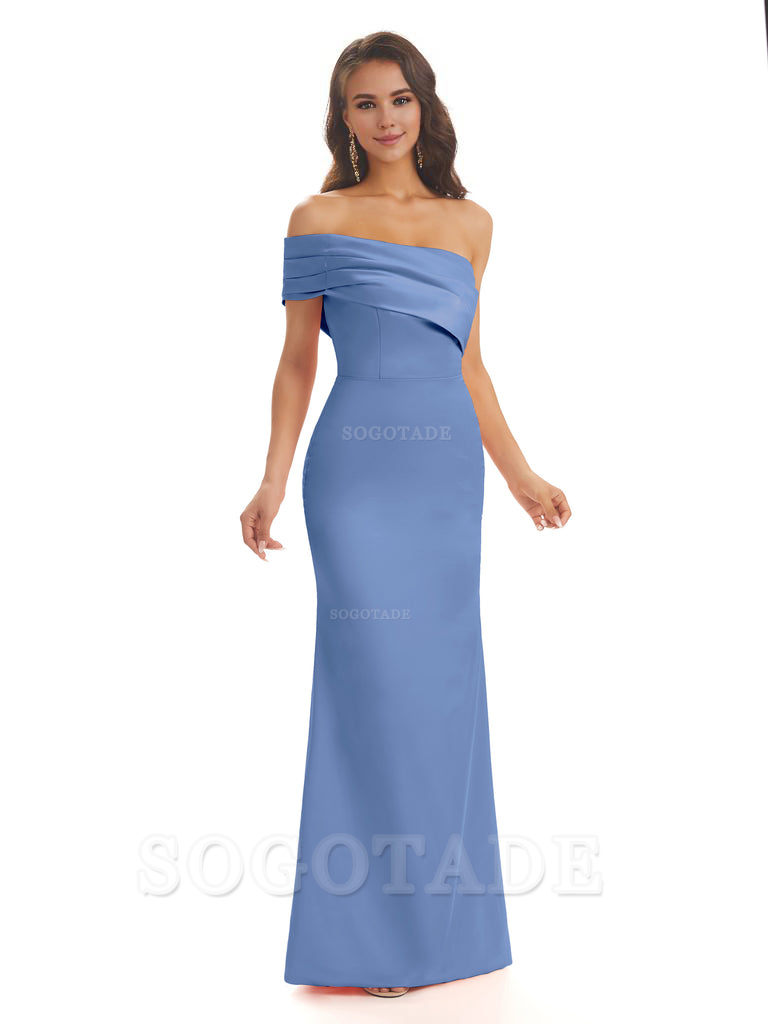 Soft Satin Sexy Side Slit One Shoulder Long Mermaid Bridesmaid Dresses Online prom dress in store