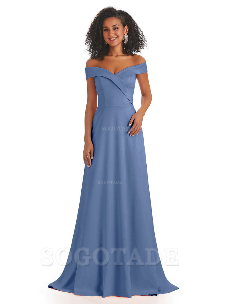 Soft Satin Off The Shoulder Long A-Line African Bridesmaid Dresses prom dress stores ﻿