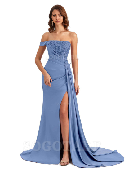 Mermaid Off Shoulder Applique formal dresses evening gown Bridesmaid Dresses With Side Slit 
