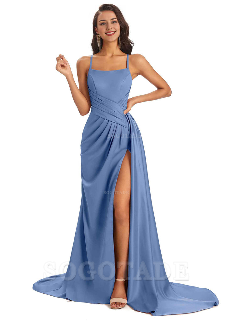 Sexy Soft Satin Side Slit Spaghetti Straps Long Maxi Bridesmaid Dresses prom shop dresses