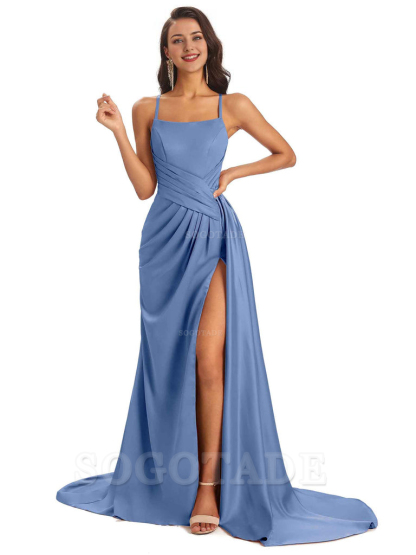 Sexy Soft Satin Side Slit Spaghetti Straps Long Maxi Bridesmaid Dresses prom shop dresses
