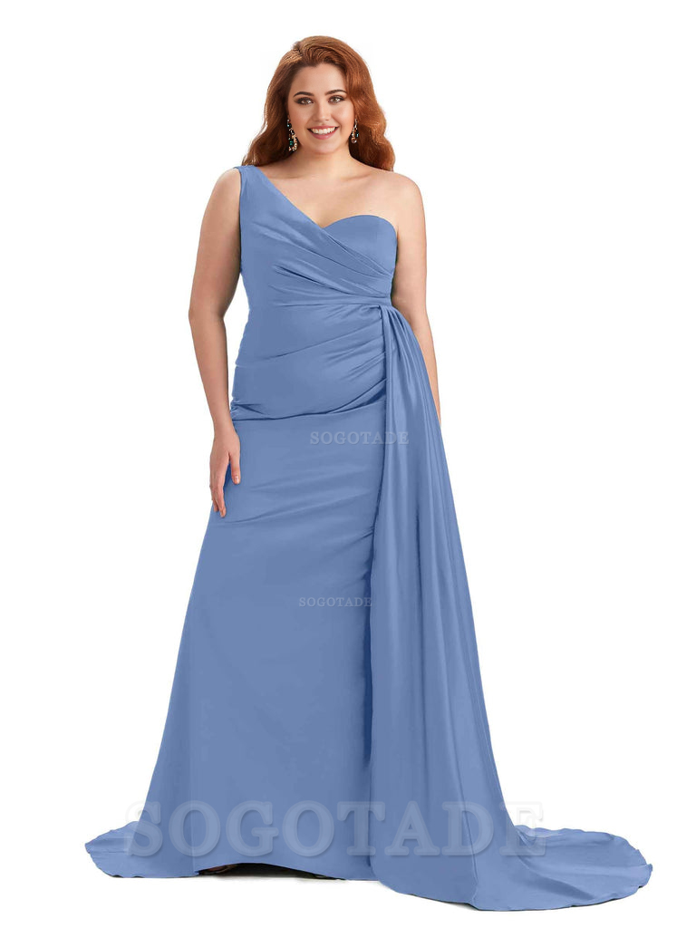 Sexy One Shoulder Sleeveless Mermaid Soft Satin Long Plus Size With Train Bridesmaid Gowns