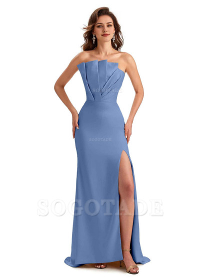 Unique Soft Satin Side Slit Asymmetrical Neckline Mermaid Long Bridesmaid Dresses