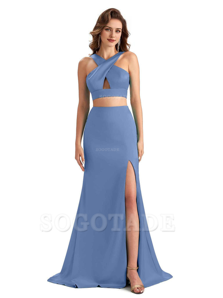 Sexy Side Slit Mermaid Silky Satin Halter Two Pieces Unique Long Bridesmaid Dresses