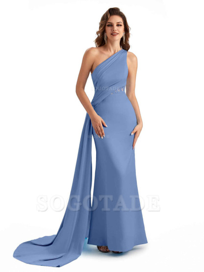 Sexy Mermaid Silky Satin One Shoulder Lace See Through Long Bridesmaid Dresses Online
