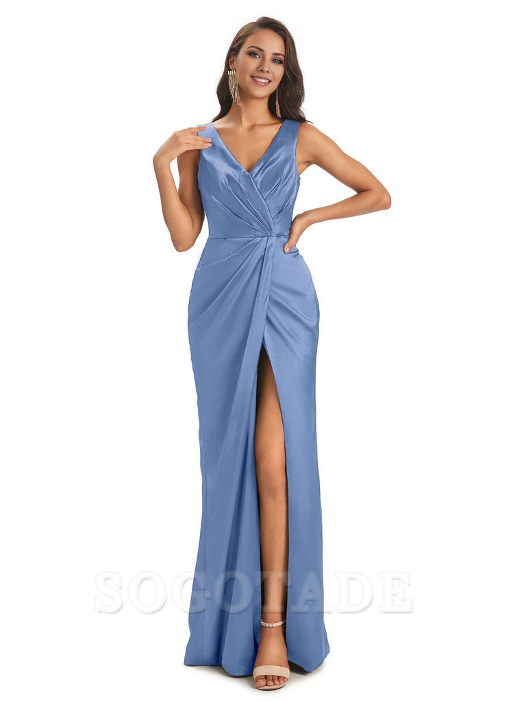 V-Neck Unique Long Satin Bridesmaid Dresses with Front Slit