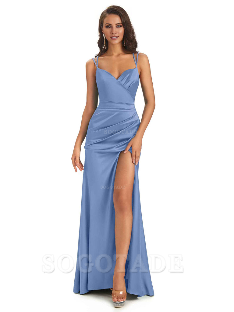 Sexy Soft Satin Side Slit Spaghetti Straps Long Maxi Mermaid Bridesmaid Dresses Elegant Evening Party Dress