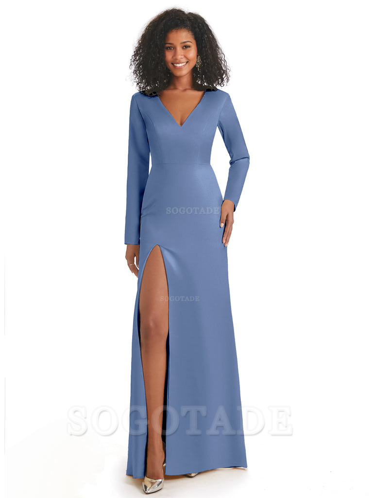 Soft Satin Side Slit Long Sleeves V-Neck Long African Mermaid Bridesmaid Dresses Elegant Evening Party Dress