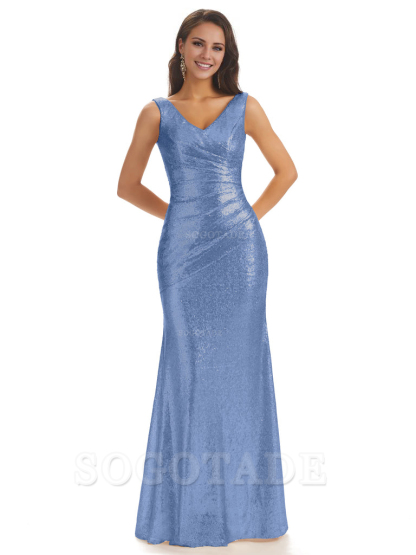 Sexy Sequin V-Neck Sparkly Long Mermaid Bridesmaid Dresses Charming Evening Party Dress