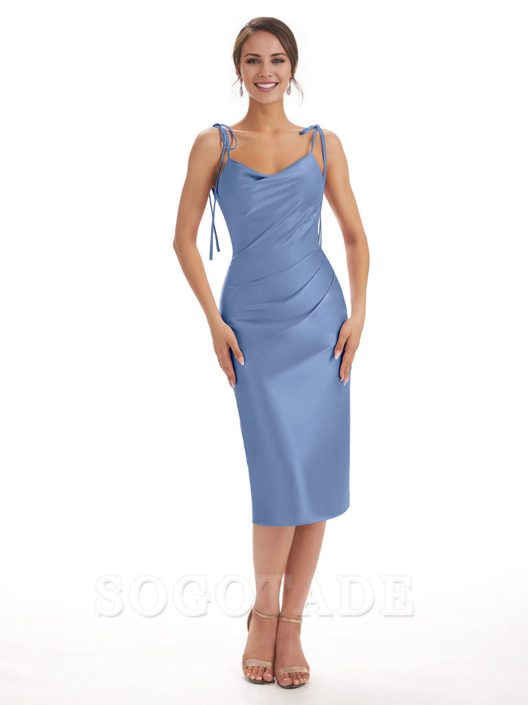 Tea Length Midi Short Bridesmaid Dresses Spaghetti Straps Satin Elegant Evening Party Dress