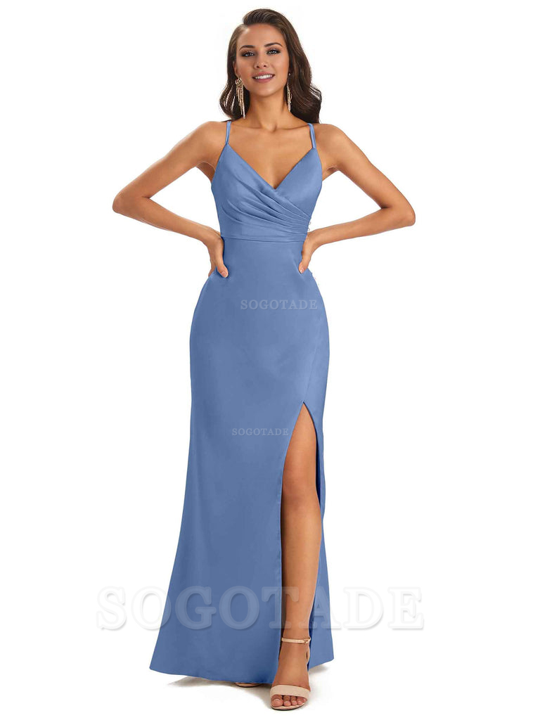 Soft Satin Side Slit Spaghetti Straps Long Unique Mermaid Bridesmaid Dresses Elegant Evening Party Dress