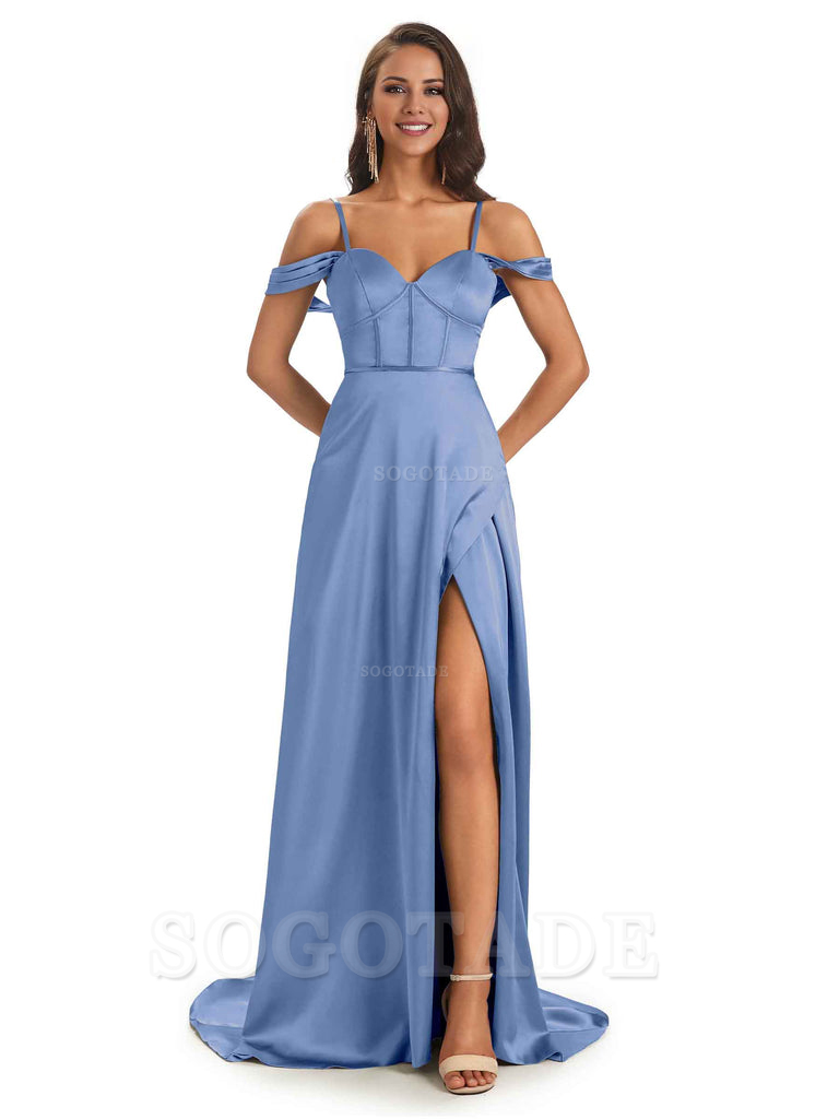 Stylish Soft Satin Side Slit Spaghetti Straps Bridesmaid Dresses Elegant Evening Party Dress