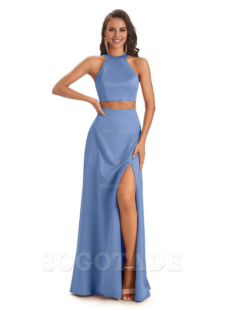 Soft Satin Two-Pieces Halter Side Slit Sexy Fashion Bridesmaid Dresses Charming Evening Party Dress