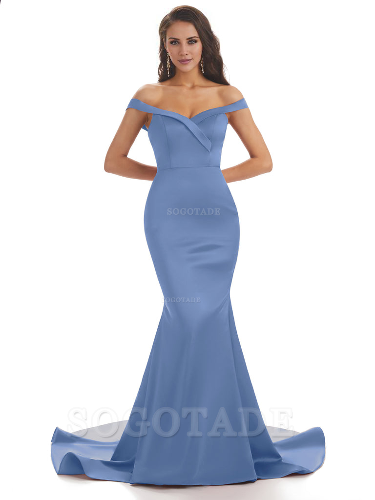Elegant Off The Shoulder Soft Satin Mermaid Long Bridesmaid Dresses Charming Evening Party Dress