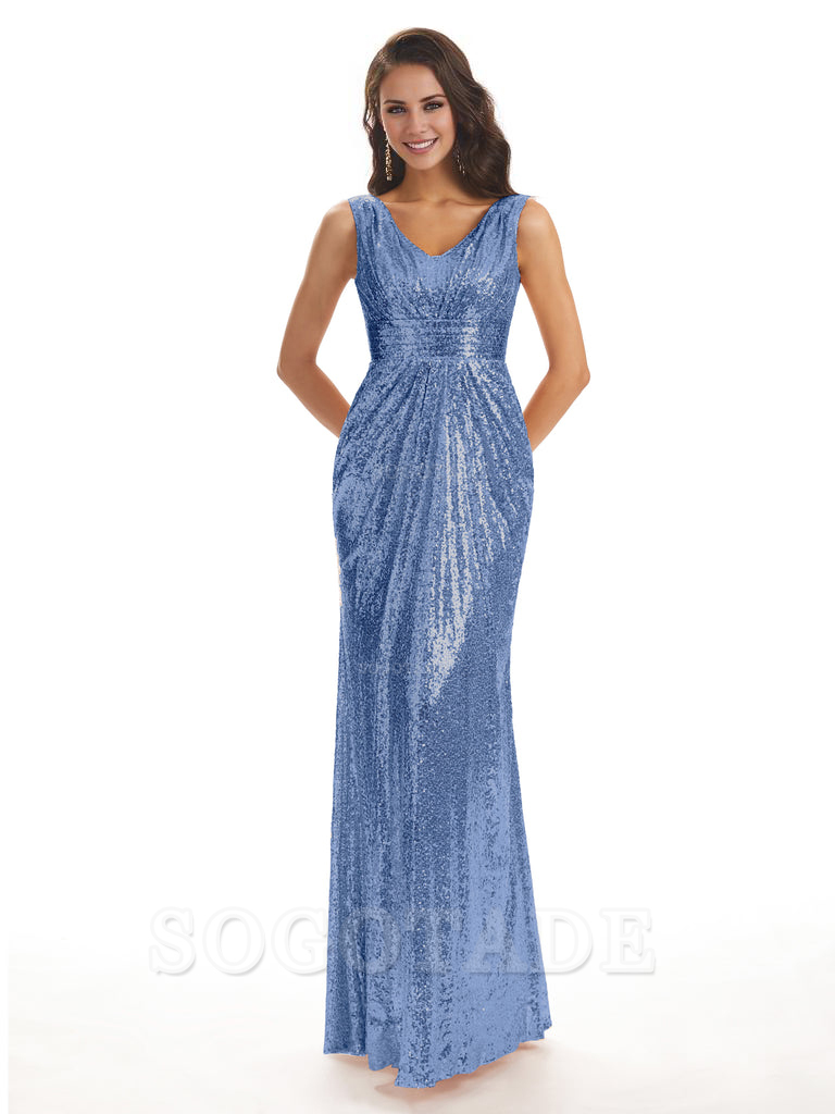 Sparkly V-Neck Sequin Long Mermaid Bridesmaid Dresses Sleeveless Charming Evening Party Dress