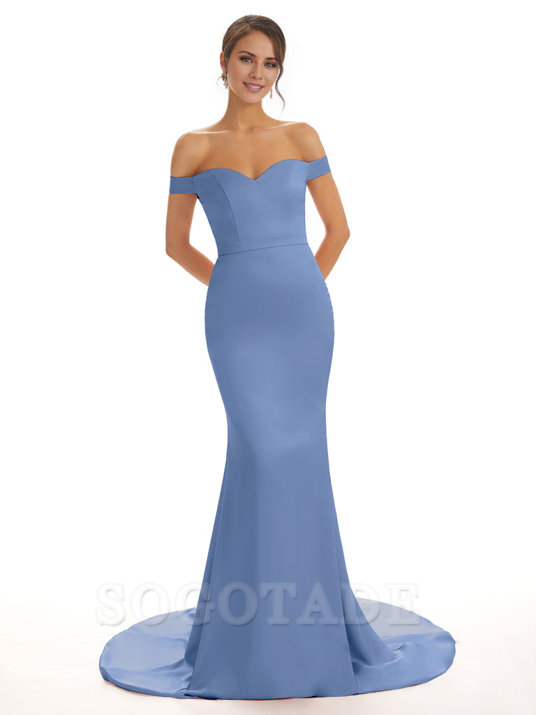 Elegant Off The Shoulder Satin Long Mermaid Bridesmaid Dresses