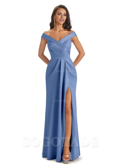 Sexy Soft Side Slit Off Shoulder V-Neck Long Satin Ladies Bridesmaid Dresses Elegant Evening Party Dress