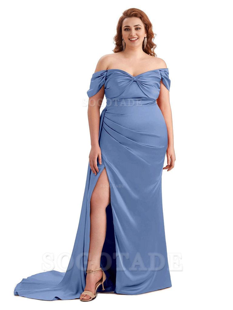  Sexy Side Slit Off The Shoulder Mermaid Soft Satin Long Plus Size Bridesmaid Dress For Wedding