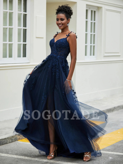 Slit sweeping trailing skirt sheer dress