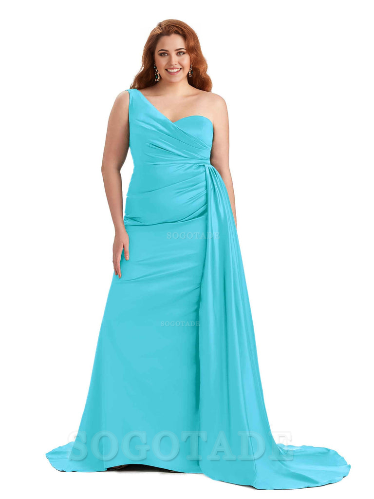 Sexy One Shoulder Sleeveless Mermaid Soft Satin Long Plus Size With Train Bridesmaid Gowns