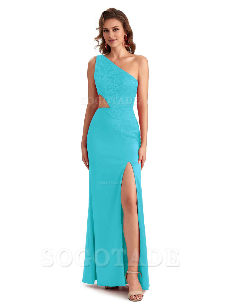 Sexy Side Slit Mermaid Lace Silky Satin One Shoulder Chic Long Bridesmaid Dresses