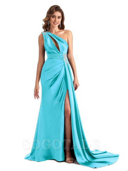 Sexy Side Slit Mermaid Soft Satin One Shoulder Lace Long Modern Bridesmaid Dresses