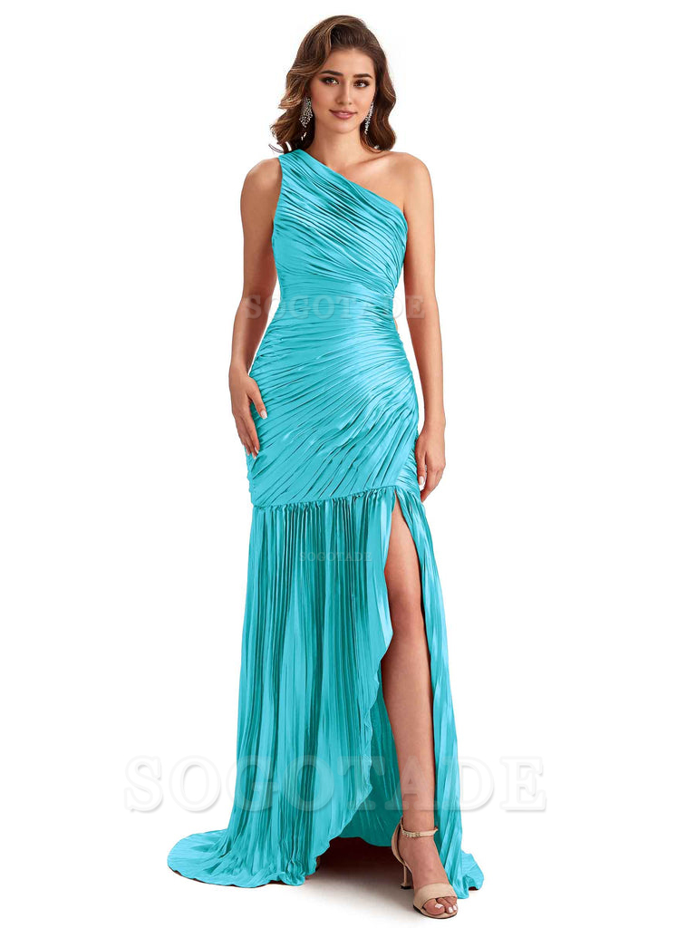 Sexy Side Slit Mermaid Soft Satin One Shoulder Long Ladies Bridesmaid Dresses Online